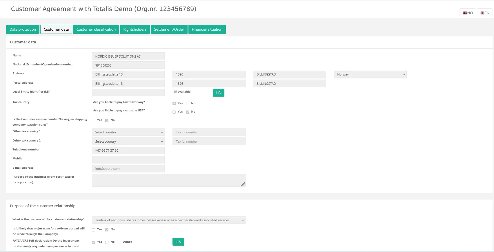 A customer agreement form with Totalis Demo, displaying detailed customer data including organization name, national ID number, address, tax information, and contact details. The form also includes sections for the purpose of the customer relationship and FATCA/CRS self-declaration. Tabs at the top allow navigation to other sections like data protection, customer classification, rightsholders, and financial situation.