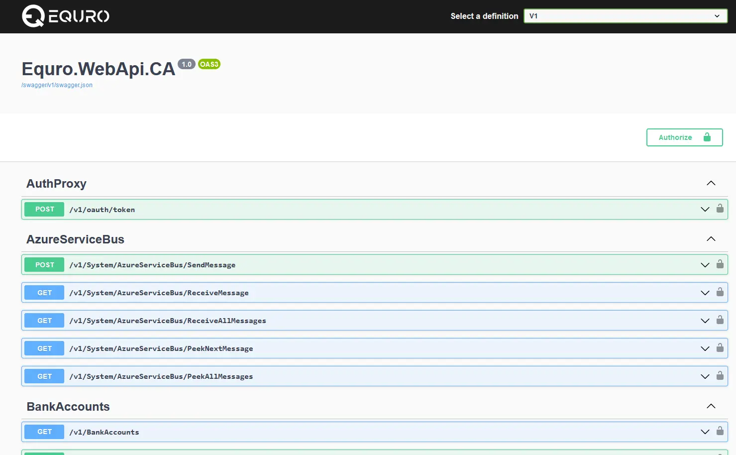 A web API documentation interface for Equro, displaying various API endpoints. The interface is organized into sections such as 'AuthProxy,' 'AzureServiceBus,' and 'BankAccounts,' with corresponding methods like POST and GET. Each method has expandable details, and there is an 'Authorize' button for authentication. The layout includes options for sending or receiving messages through the Azure Service Bus, accessing bank account information, and generating OAuth tokens.