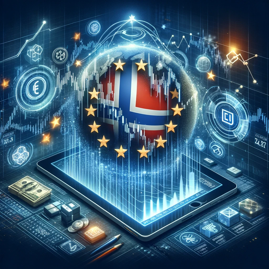 A futuristic scene showing a globe with the Norwegian flag surrounded by EU stars, hovering above a tablet with financial charts, symbolizing Norway's digital finance and economic integration with the EU.