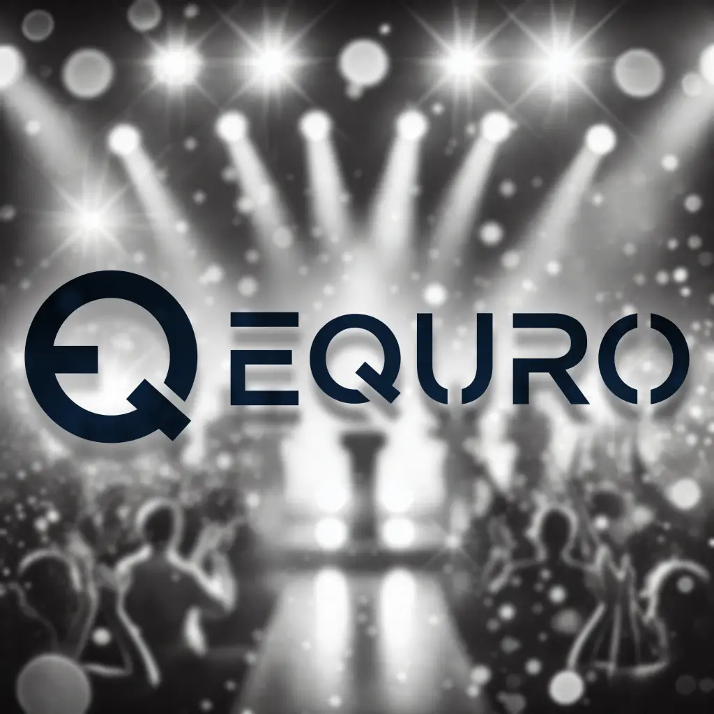 Equro logo with a blurred concert background featuring bright spotlights and audience silhouettes.