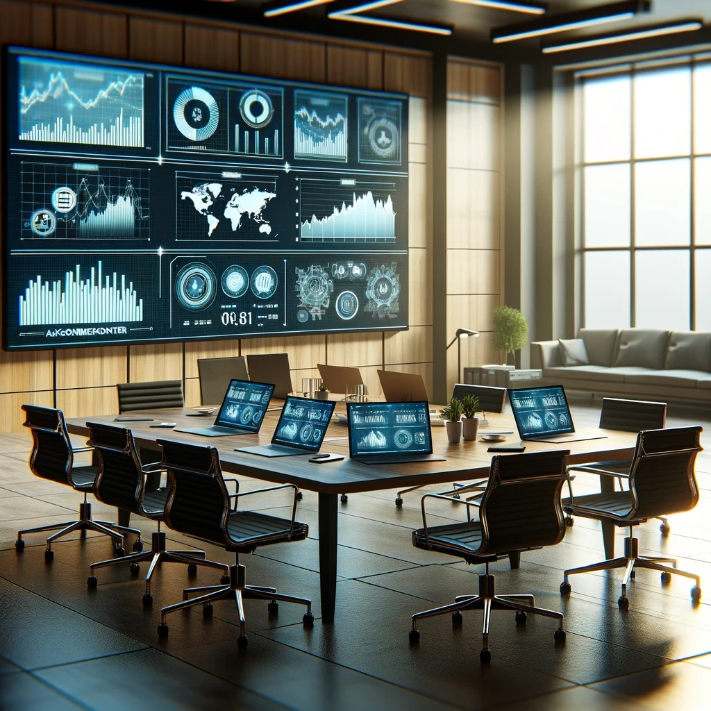 Modern conference room with digital screens displaying data charts and world map, surrounded by laptops on a table.