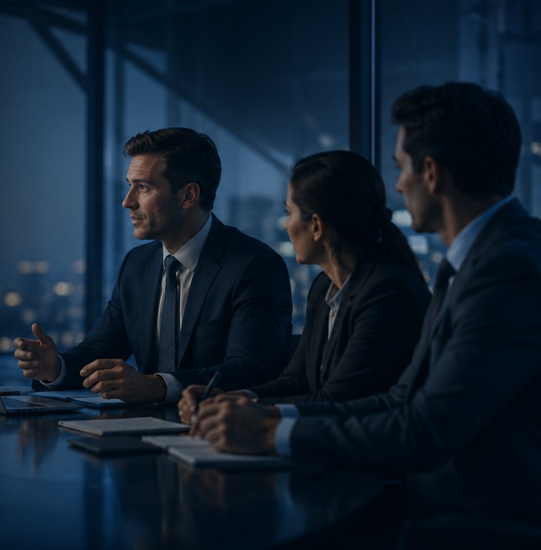 Financial professionals reviewing dashboards in a meeting room, representing infrastructure for the private capital markets.