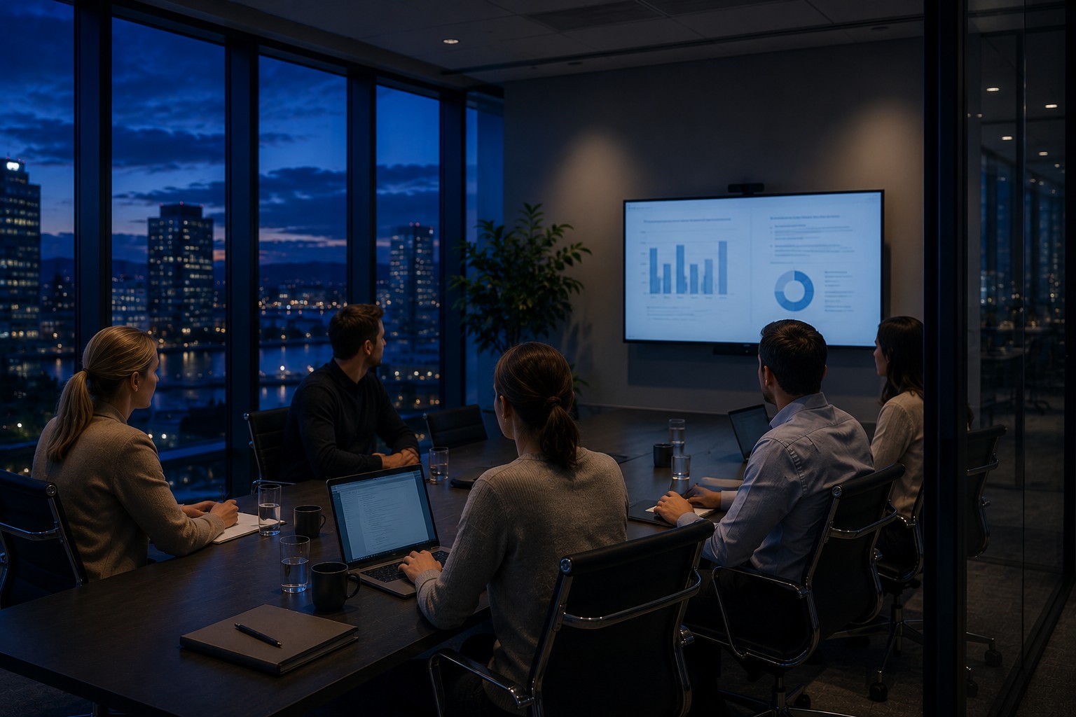 A board meeting at night reviewing reporting data on a screen, representing digital general meetings and corporate actions