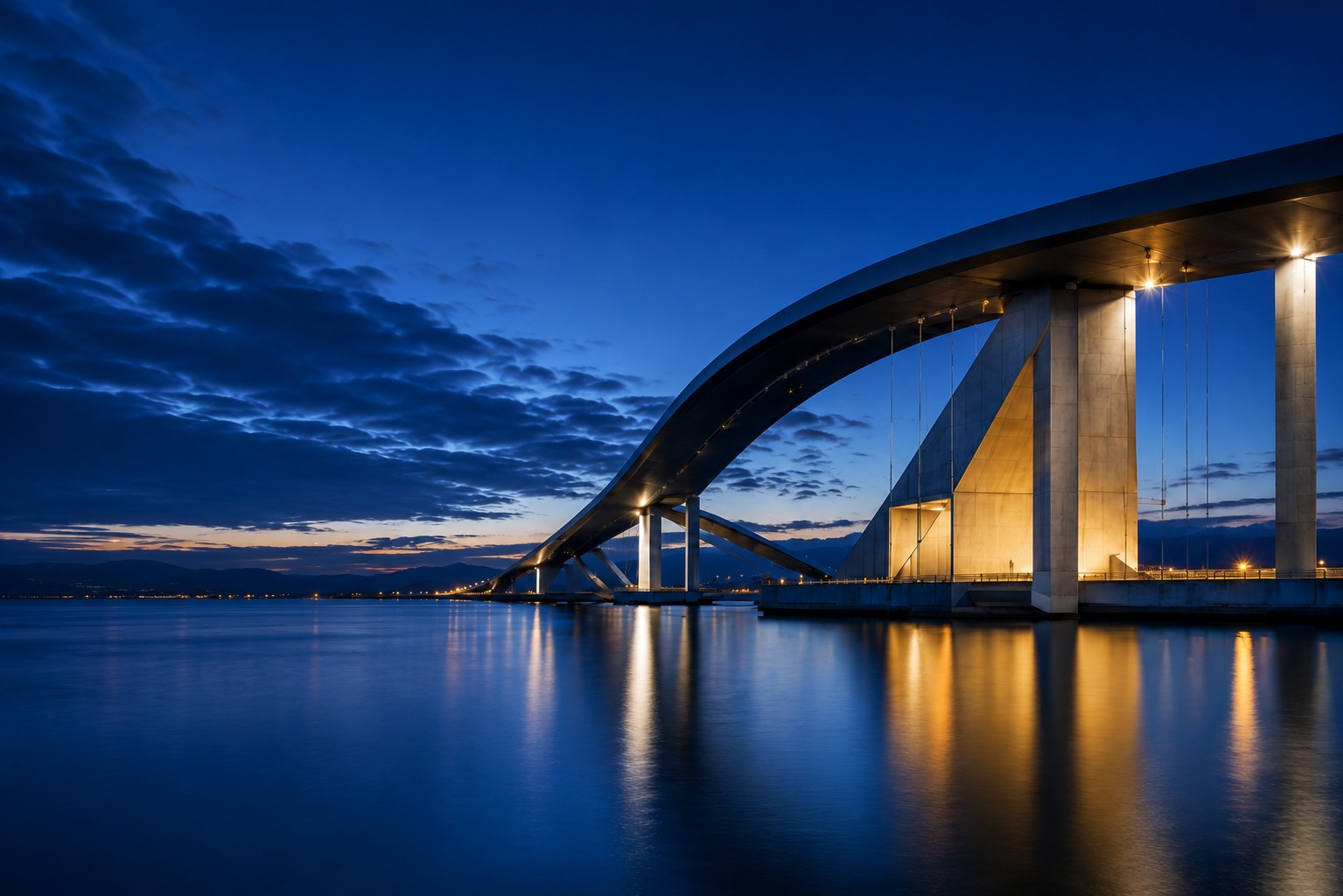 Illuminated bridge over water at dusk, representing connected market infrastructure