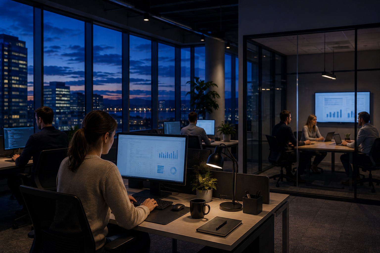 Analysts reviewing reporting dashboards at night, with a meeting underway in the glass room behind them, representing insights into private capital markets.