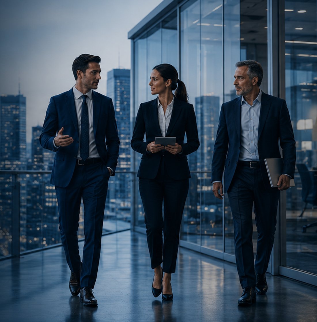 Investors walking through a glass-walled office corridor