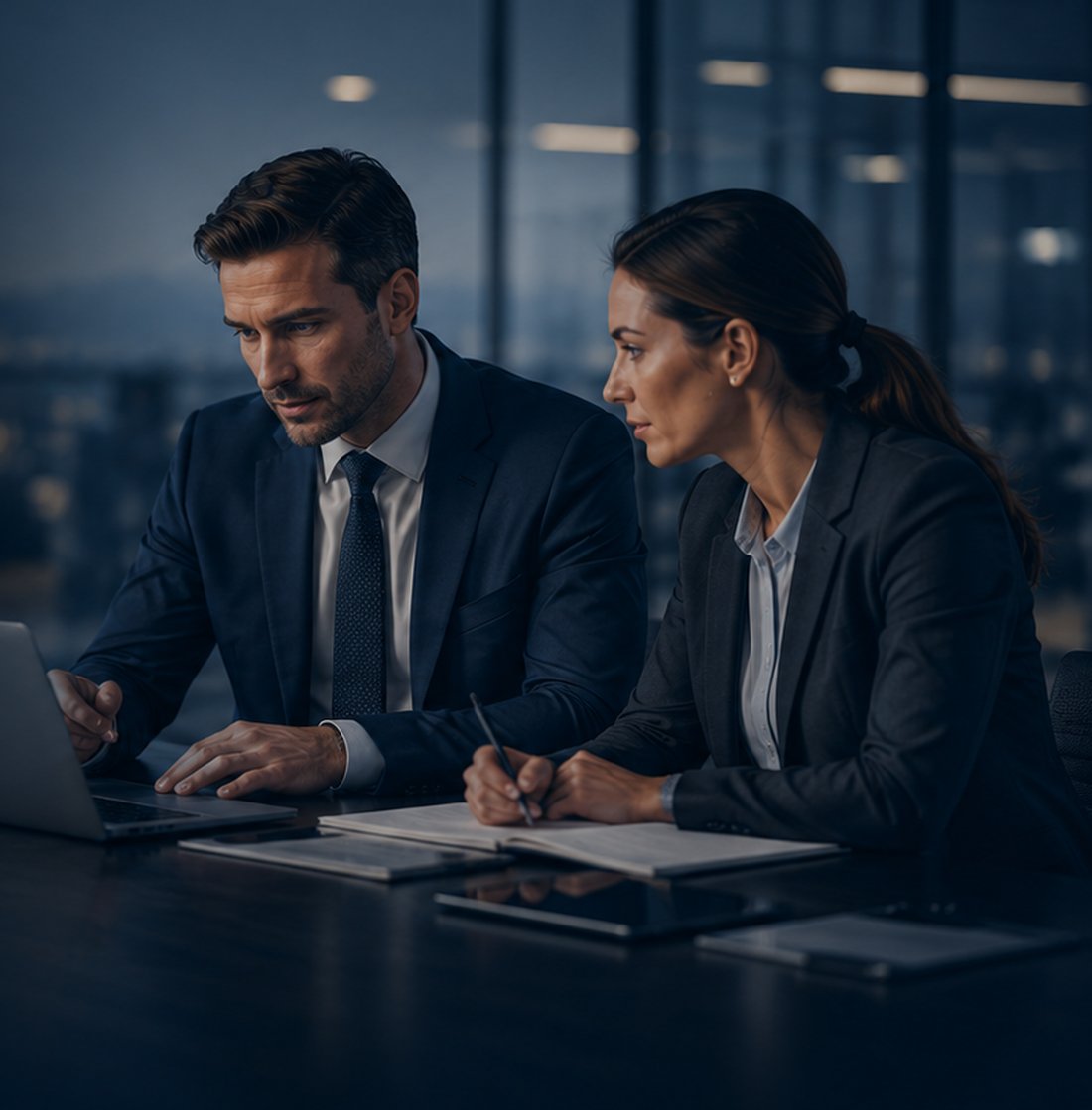 Two colleagues reviewing issuer documentation on a laptop