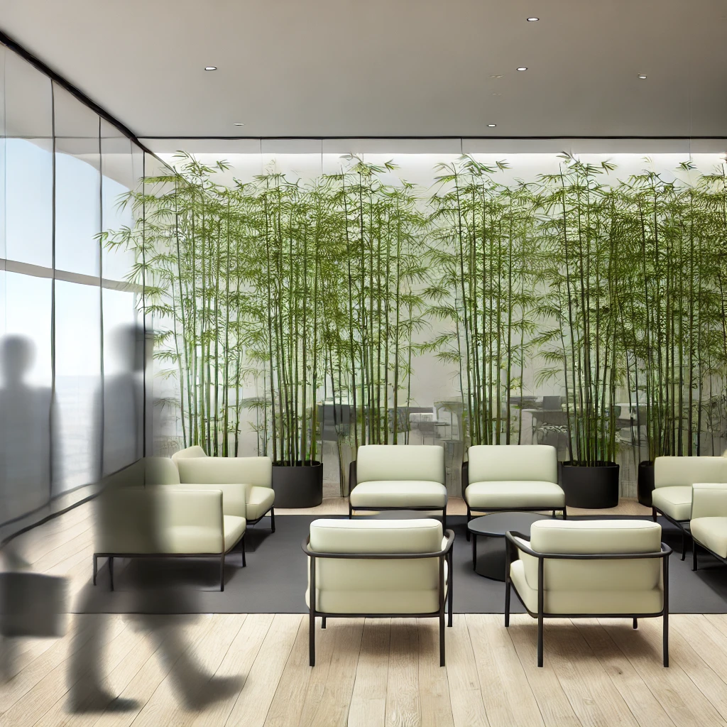 A modern office lounge area featuring minimalist cream-colored chairs and small tables, with tall bamboo plants lining a glass wall in the background. Two blurred figures walk by, adding a sense of movement to the calm, natural ambiance.