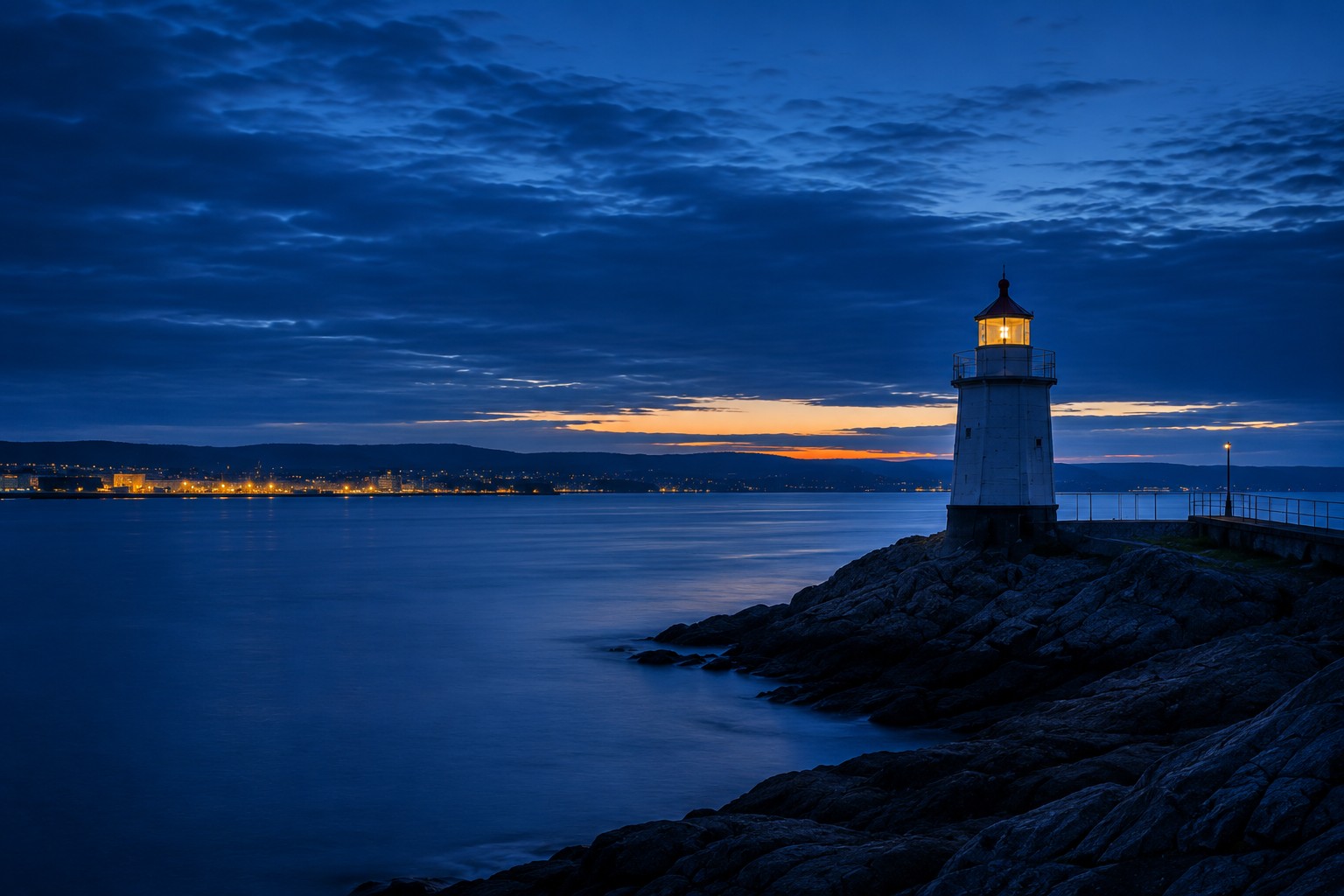 A lighthouse on a rocky point at sunset