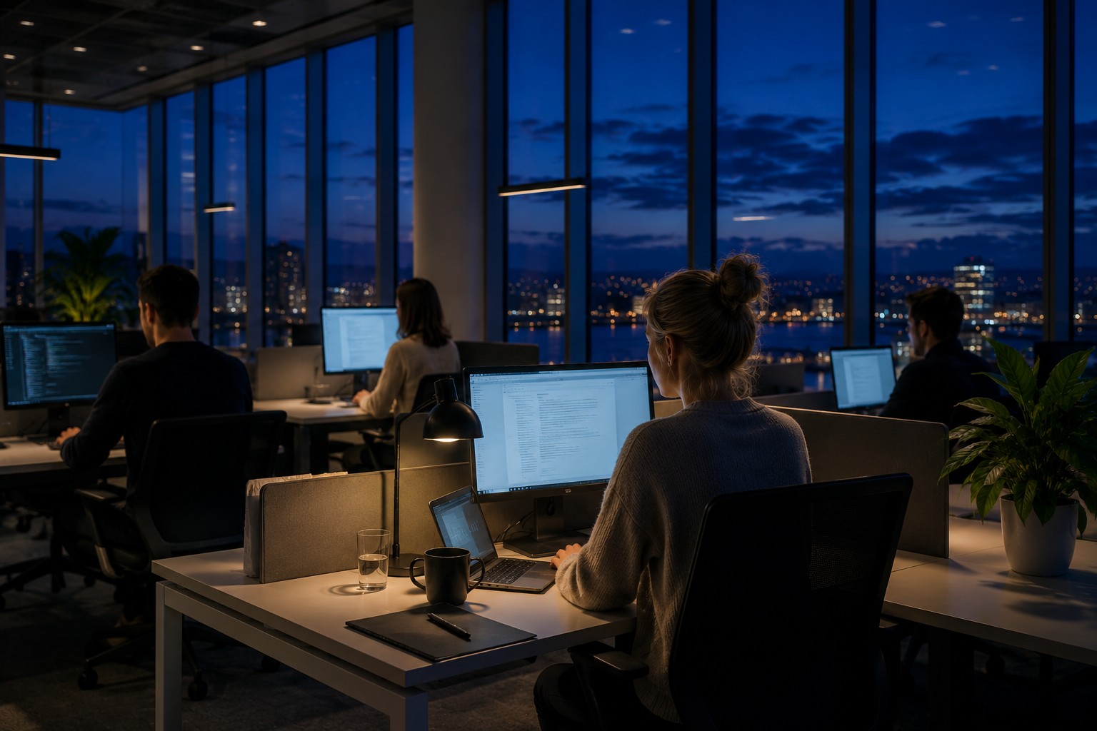 An open office at night, representing a legal firm's operations team at work