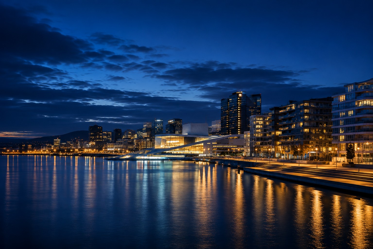 Oslos skyline om natten med Operaen og tårnene i nærheden – et billede på selskaber i vækst, fra første ejerbog til børsnotering