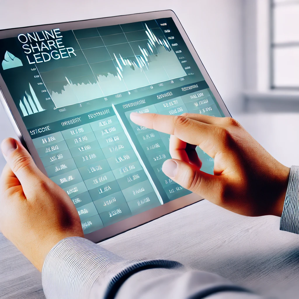 A person using a tablet to view an 'Online Share Ledger,' featuring a stock market chart and financial data. The interface displays real-time stock prices, share codes, and other trading information, suggesting active engagement in stock trading or portfolio management. The touch interaction indicates a modern, digital approach to tracking investments.