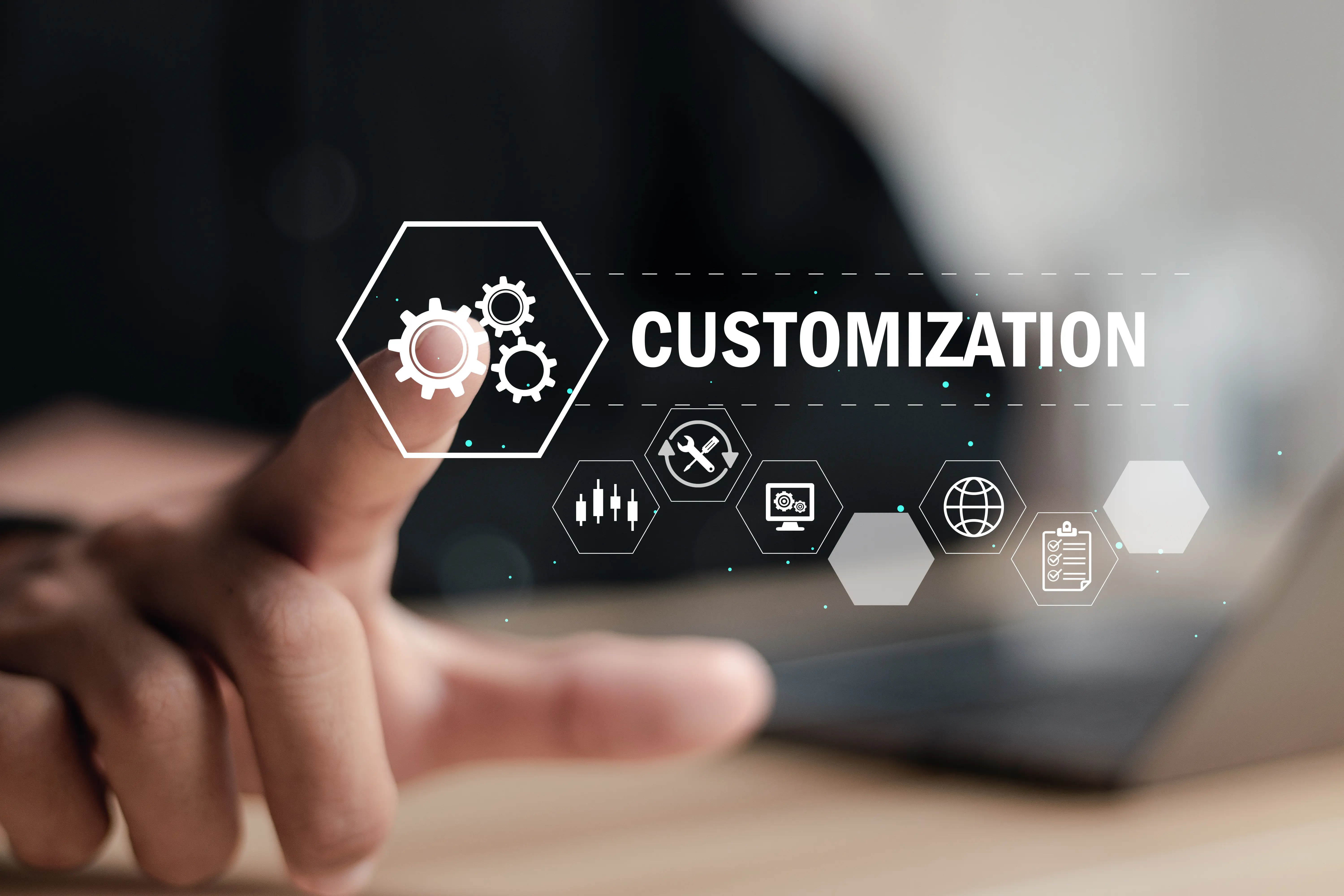 A person interacting with a digital interface that features a 'Customization' label and various icons, including gears, a wrench, sliders, and a globe, representing different customization tools and settings. The image conveys a concept of personalized or configurable technology solutions.